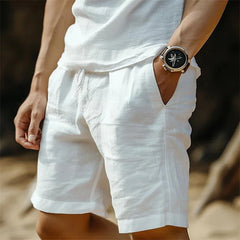 Men's Cotton And Linen Pocket Drawstring Elastic Waist Shorts
