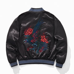 Embroidered Rose Blue Raven Casual Baseball Jacket