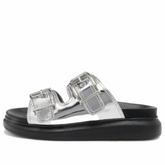 (WMNS) Alexander McQueen Gabine Buckled Leather Slides 'Silver Black' 783254W4WG18100 #