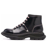 (WMNS) Alexander McQueen Contrast Stitch Tread Lace Up Boots 'Black Pink' 595469WHZ881336 #