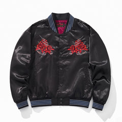 Embroidered Rose Blue Raven Casual Baseball Jacket