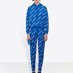 (WMNS) Balenciaga Full Print Alphabet Logo hooded Drawstring Hoodie Blue 612959TIV715011 #