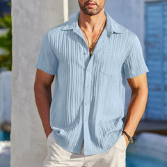 Polo Collar Solid Color Short Sleeve Button Shirt Men's Shirt