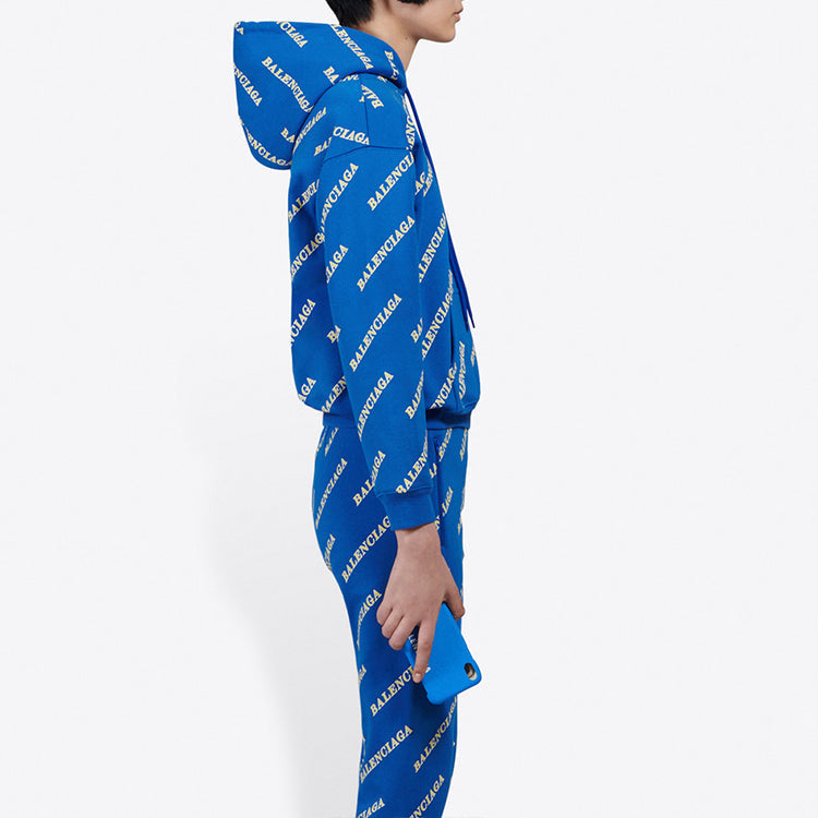 (WMNS) Balenciaga Full Print Alphabet Logo hooded Drawstring Hoodie Blue 612959TIV715011 #