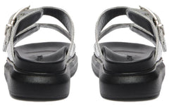 (WMNS) Alexander McQueen Gabine Buckled Leather Slides 'Silver Black' 783254W4WG18100 #