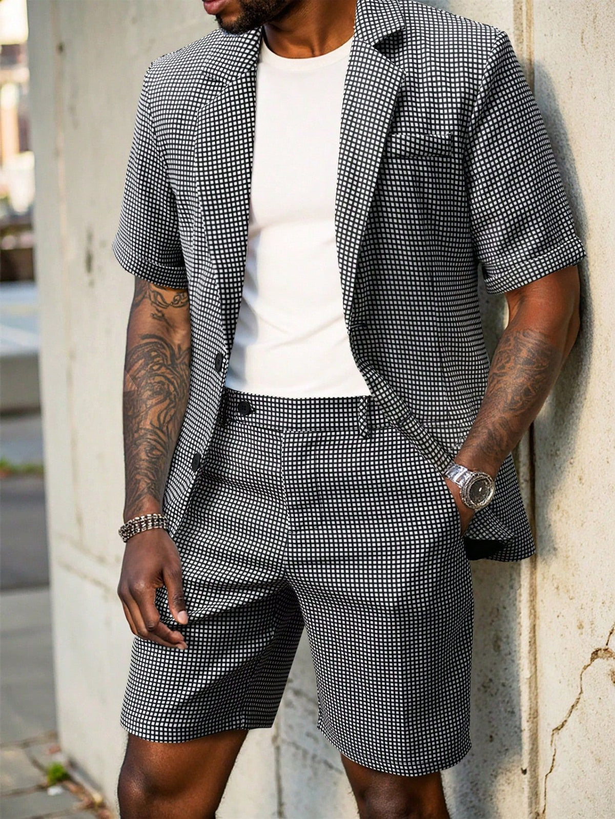 Mens Plaid Slim-Fit Business-Casual Suit Set