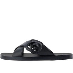 GUCCI INTERLOCKING SLIDE " BLACK SANDALS" #.