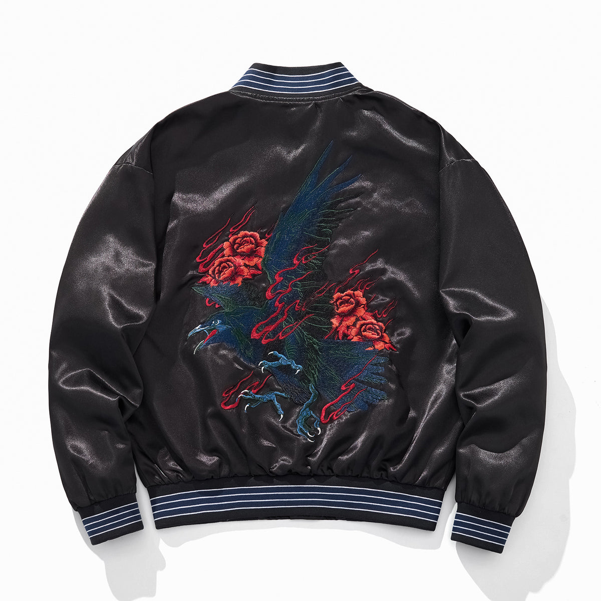 Embroidered Rose Blue Raven Casual Baseball Jacket