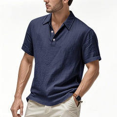 Men's British Casual Buckle Loose Linen Lapel Polo Shirt