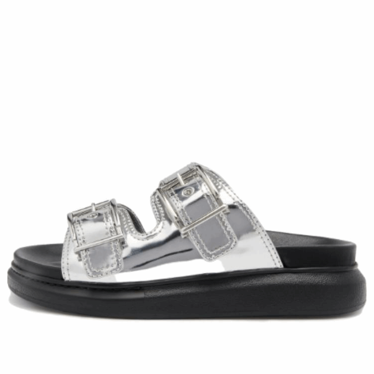 (WMNS) Alexander McQueen Gabine Buckled Leather Slides 'Silver Black' 783254W4WG18100 #