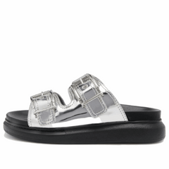 (WMNS) Alexander McQueen Gabine Buckled Leather Slides 'Silver Black' 783254W4WG18100 #